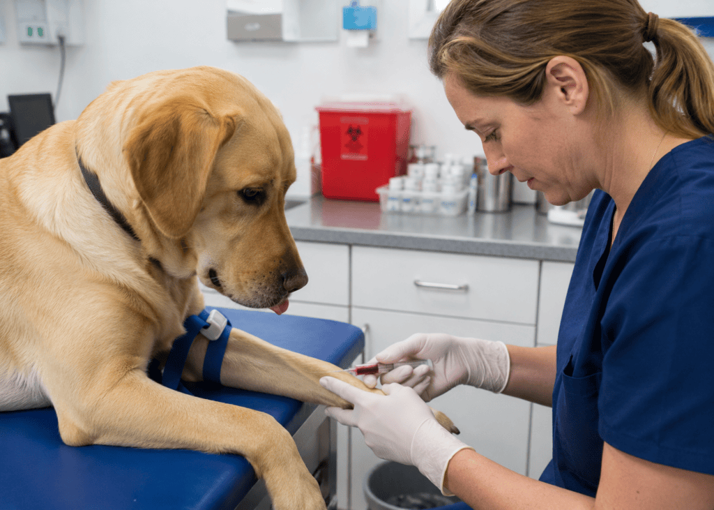 veterinarian drawing blood on a dog