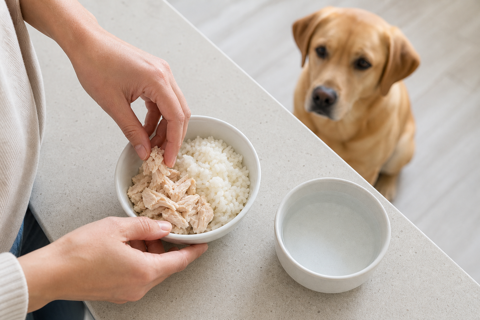 Bland chicken and rice meal with fresh water prepared for a dog
