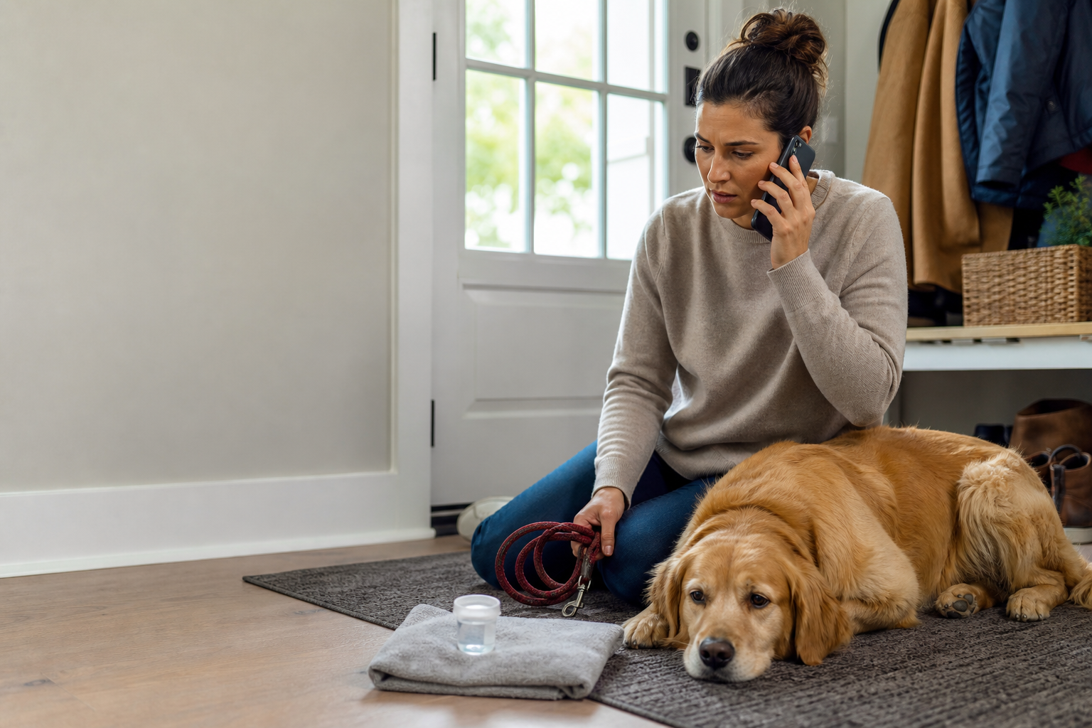 Pet owner calling a veterinarian while preparing to take a tired dog for care