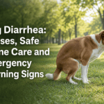 Dog in a park in a natural squatting posture with article title overlay; no visible feces