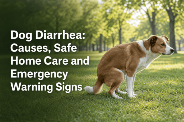Dog in a park in a natural squatting posture with article title overlay; no visible feces